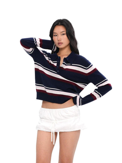 SweetChilling Polo Collar Striped College Knitted Women&