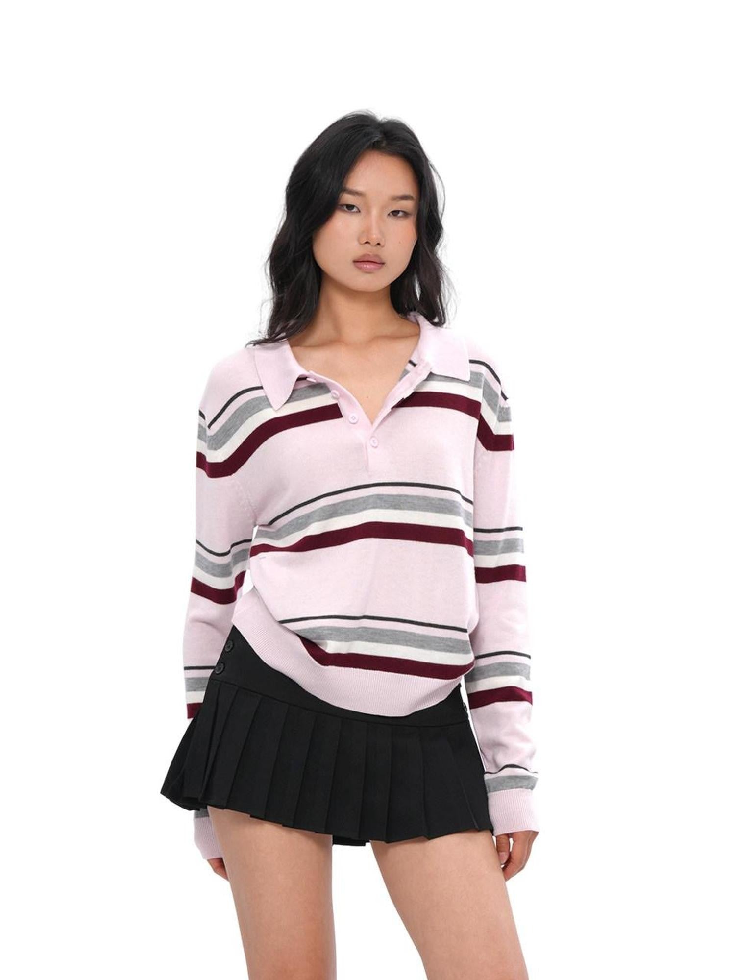 SweetChilling Polo Collar Striped College Knitted Women&