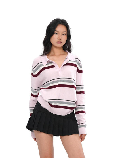 SweetChilling Polo Collar Striped College Knitted Women&