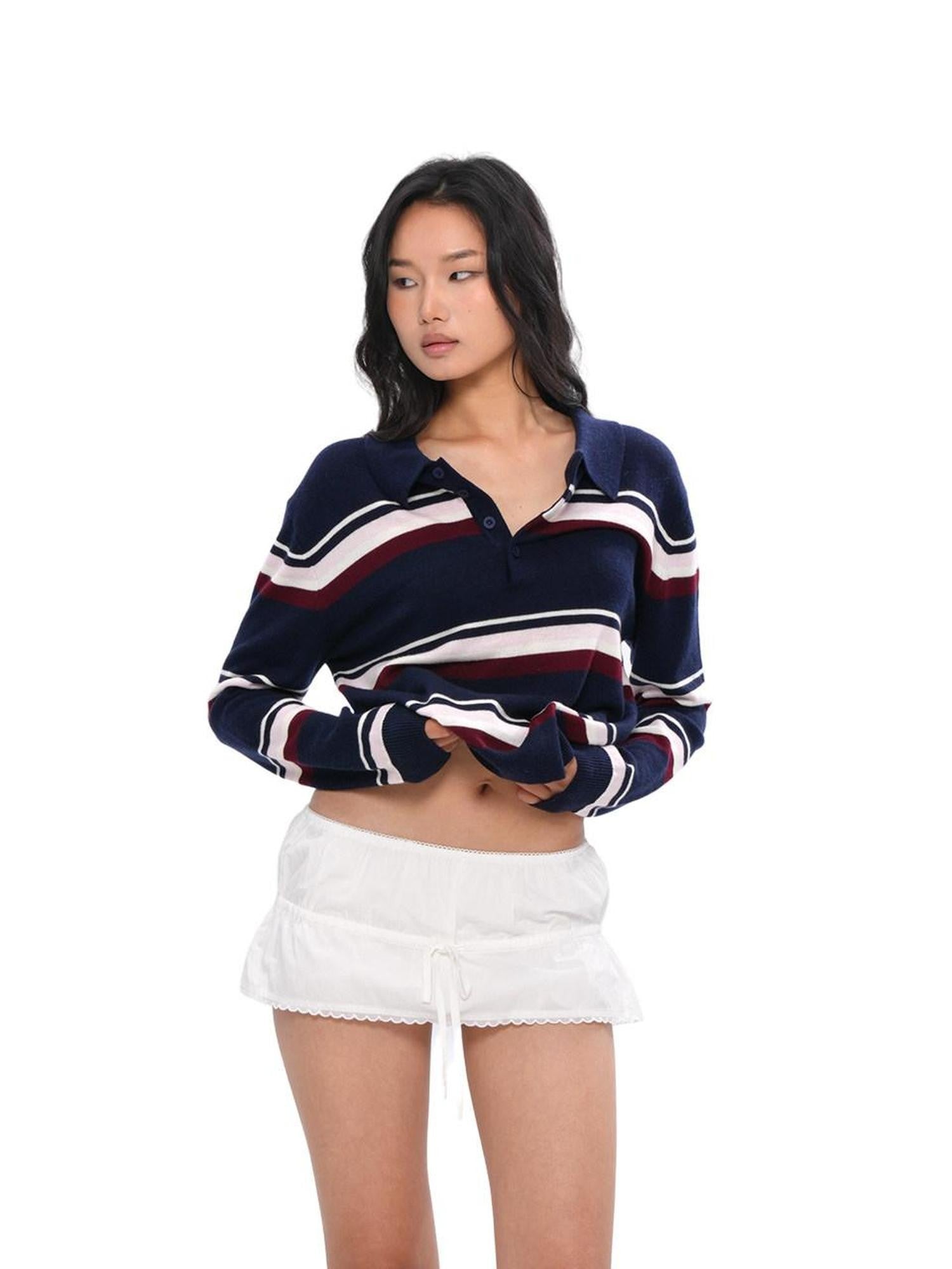 SweetChilling Polo Collar Striped College Knitted Women&