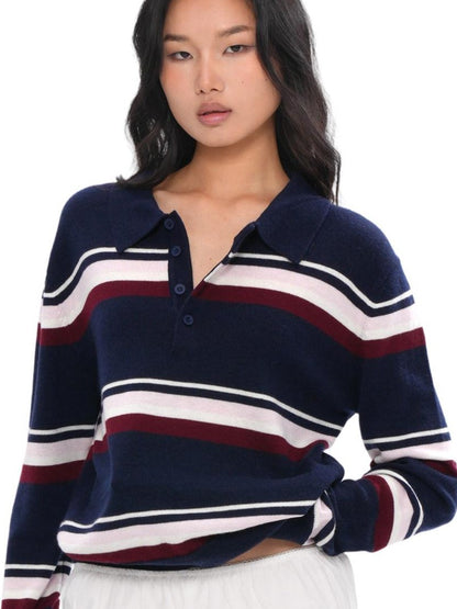 SweetChilling Polo Collar Striped College Knitted Women&