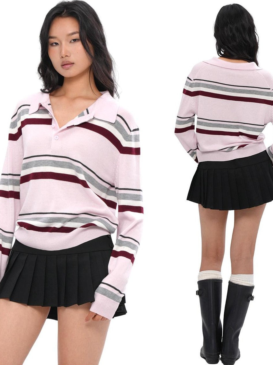 SweetChilling Polo Collar Striped College Knitted Women&