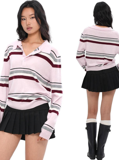 SweetChilling Polo Collar Striped College Knitted Women&