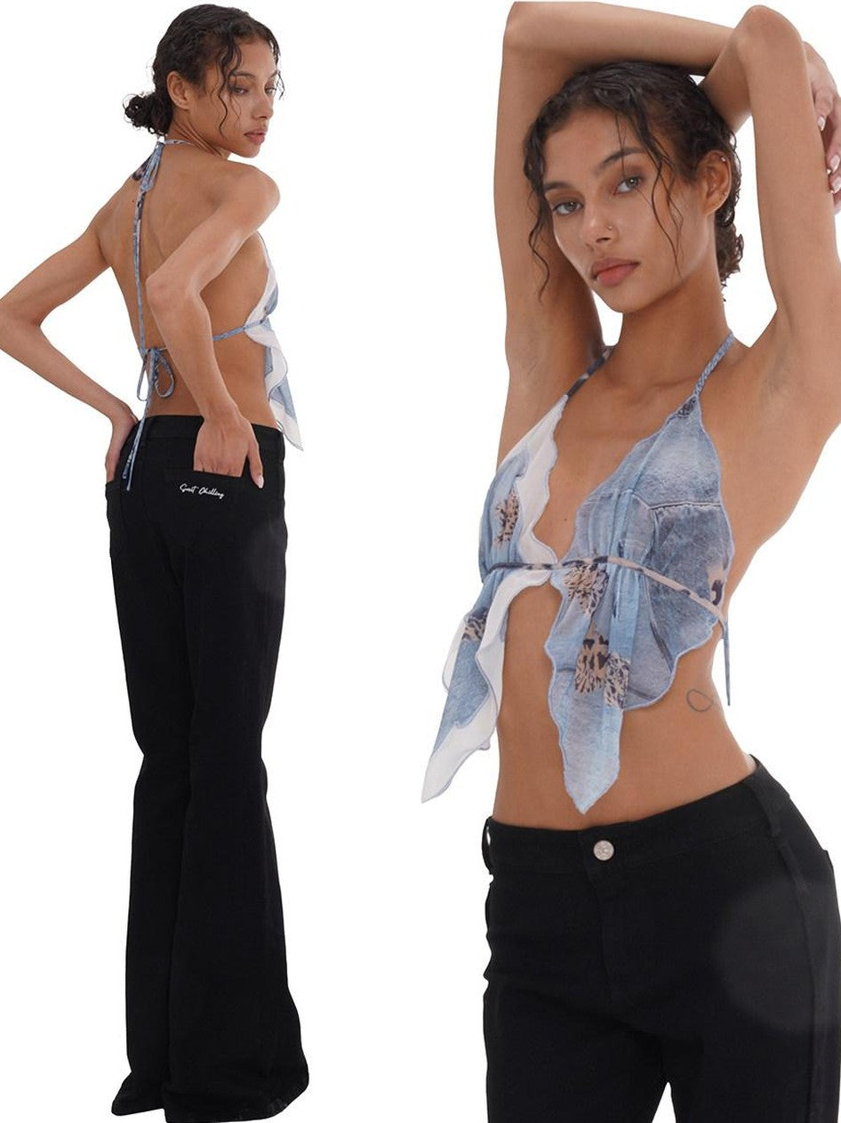 SweetChilling Printed Scarf Tie Petal V-neck Slim Women&