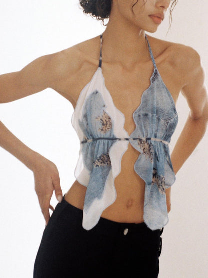 SweetChilling Printed Scarf Tie Petal V-neck Slim Women&