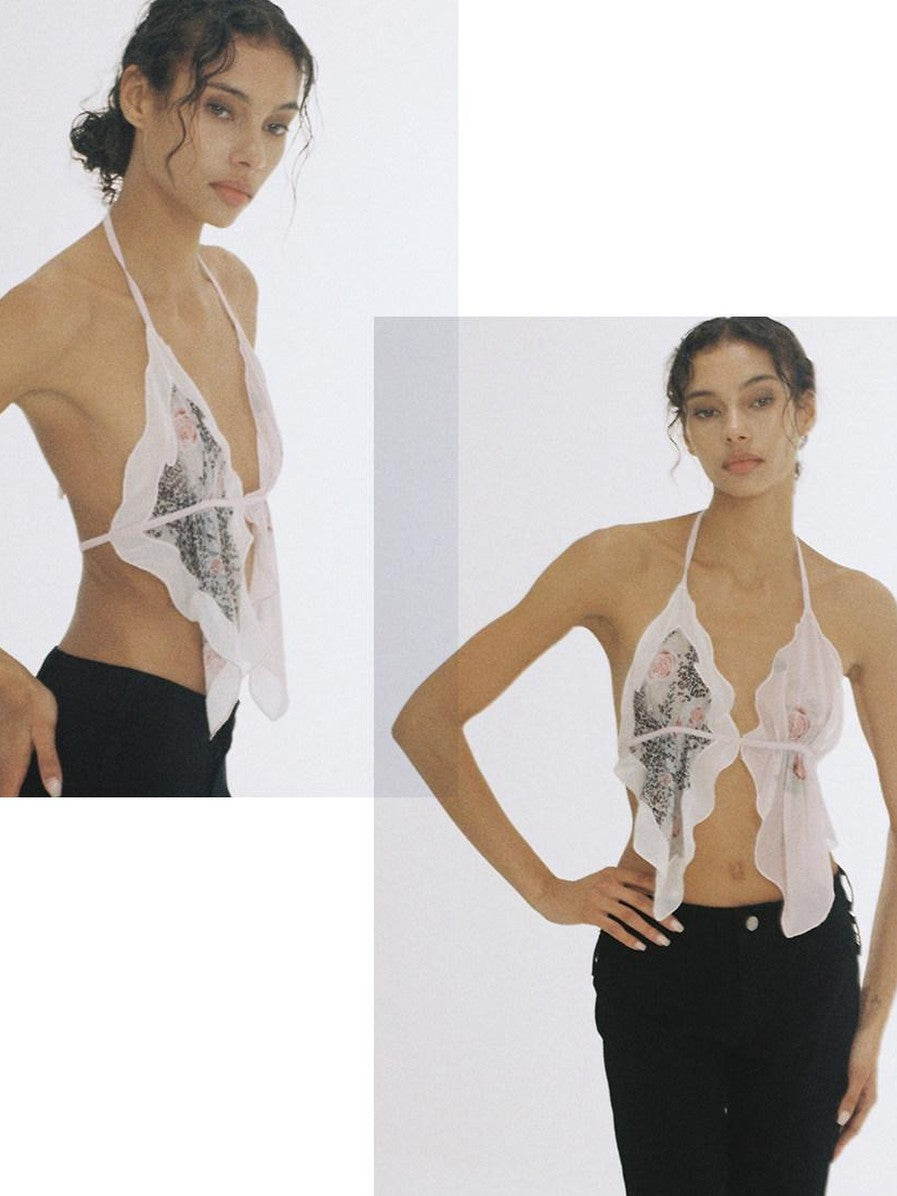 SweetChilling Printed Scarf Tie Petal V-neck Slim Women&