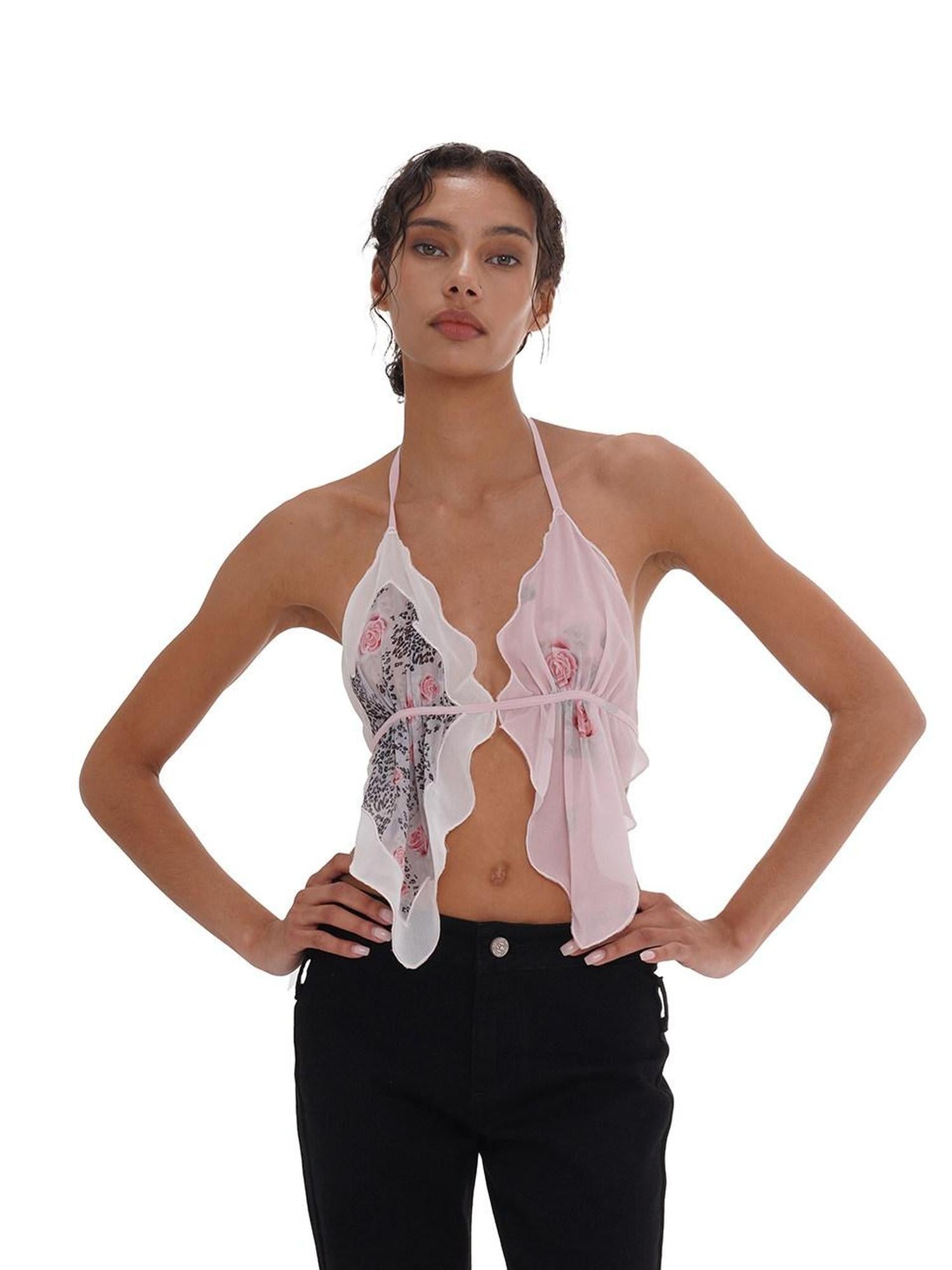 SweetChilling Printed Scarf Tie Petal V-neck Slim Women&
