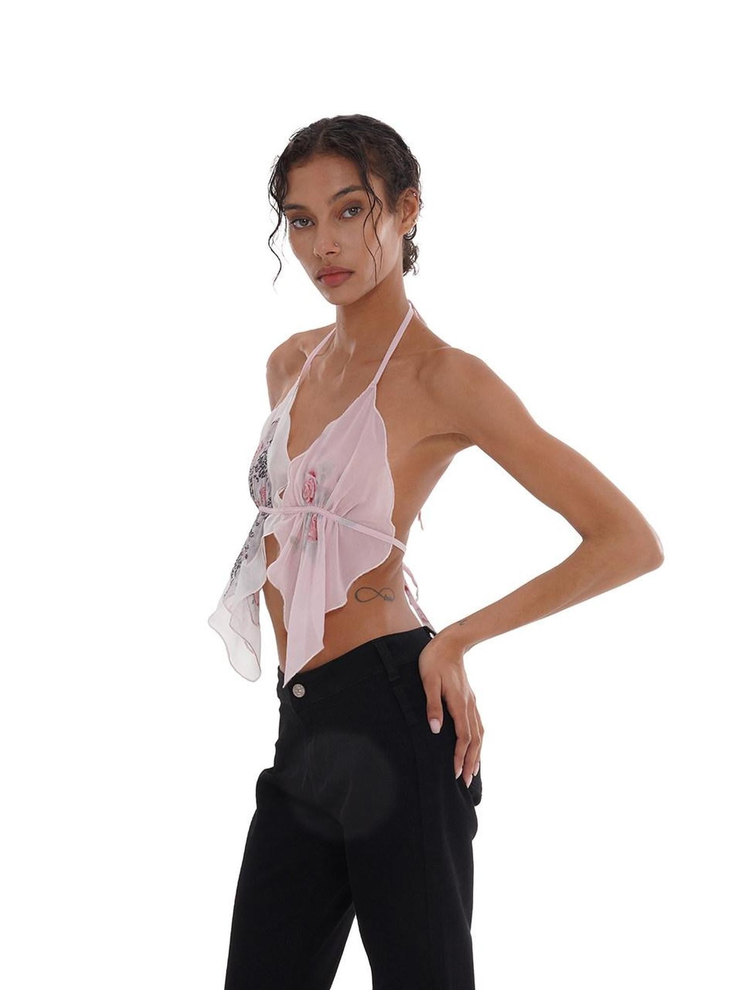 SweetChilling Printed Scarf Tie Petal V-neck Slim Women&
