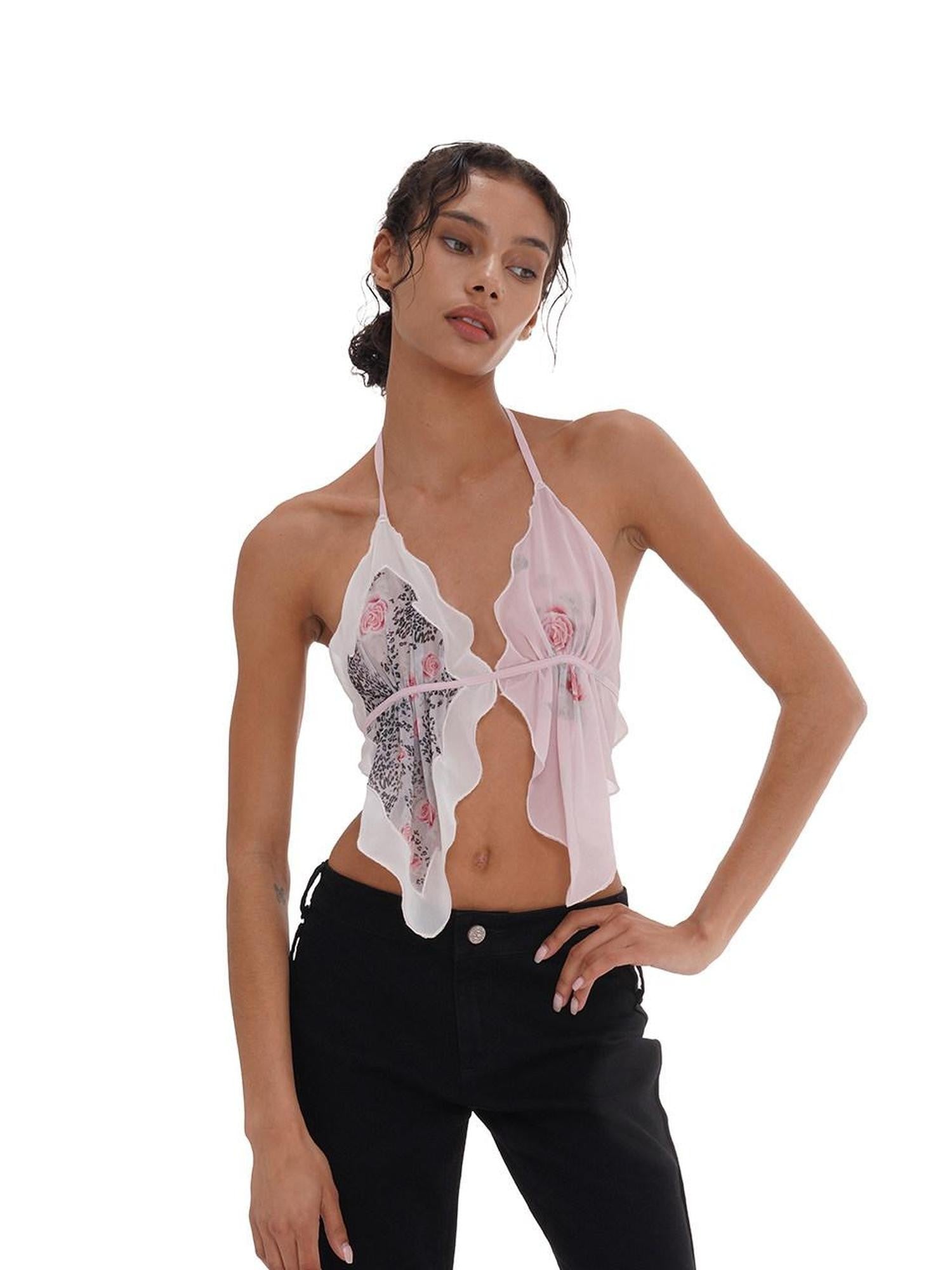 SweetChilling Printed Scarf Tie Petal V-neck Slim Women&
