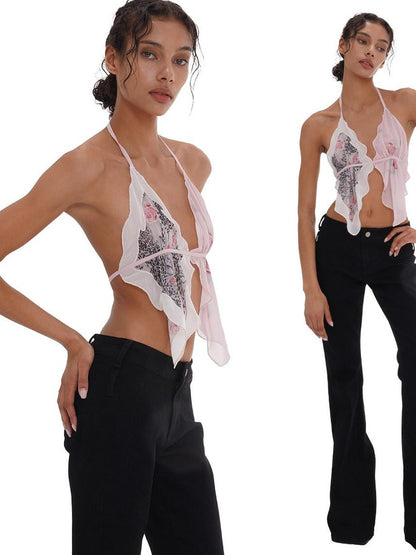 SweetChilling Printed Scarf Tie Petal V-neck Slim Women&
