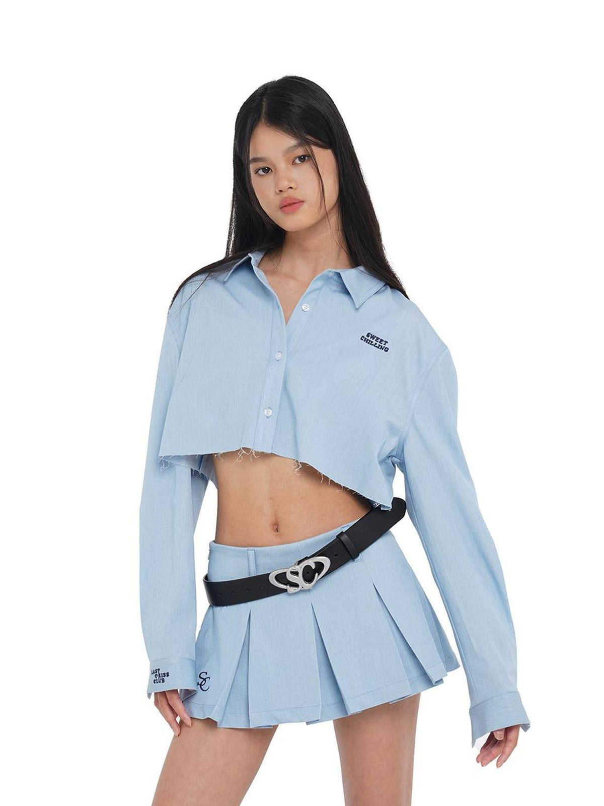 SweetChilling Raw Hem Cropped Shirt Wide Pleated Skirt Women&
