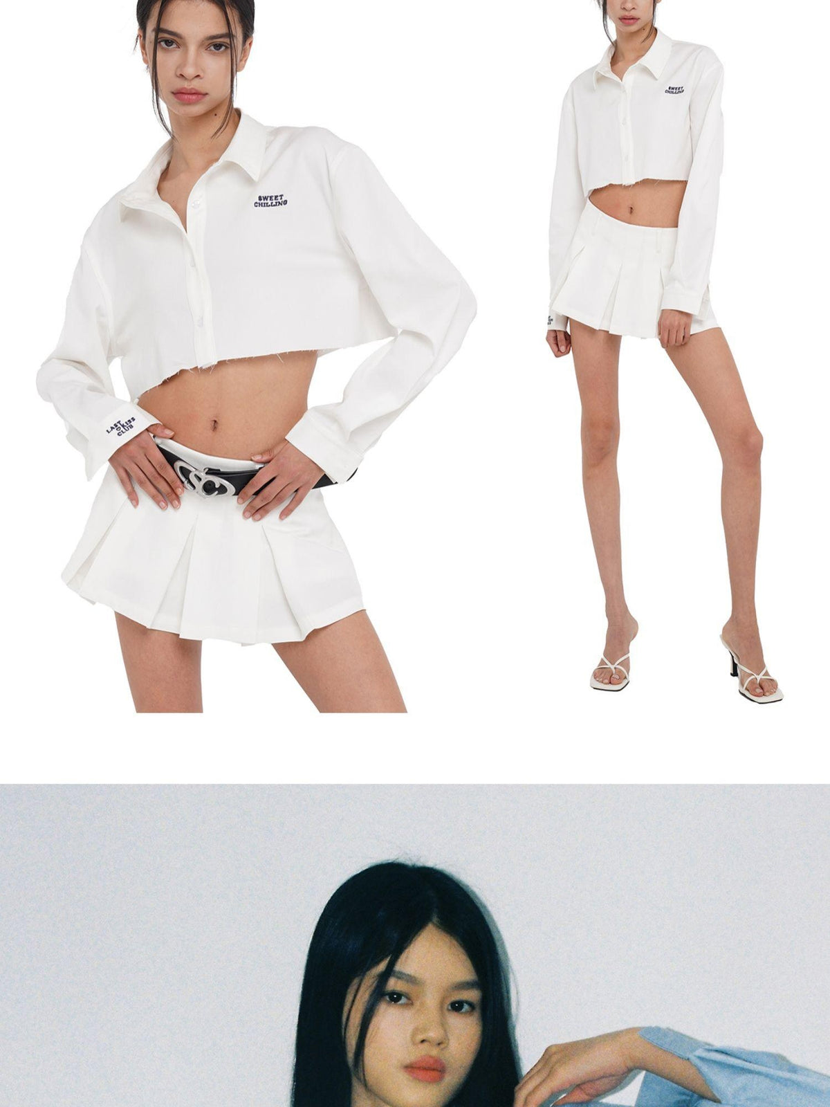 SweetChilling Raw Hem Cropped Shirt Wide Pleated Skirt Women&