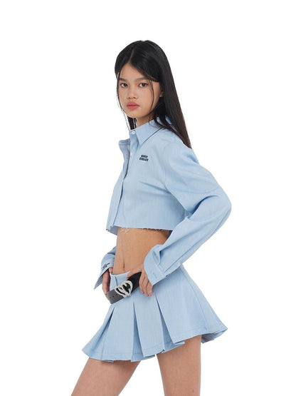 SweetChilling Raw Hem Cropped Shirt Wide Pleated Skirt Women&