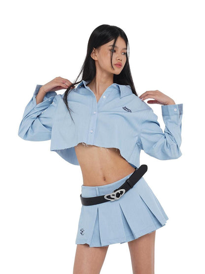 SweetChilling Raw Hem Cropped Shirt Wide Pleated Skirt Women&