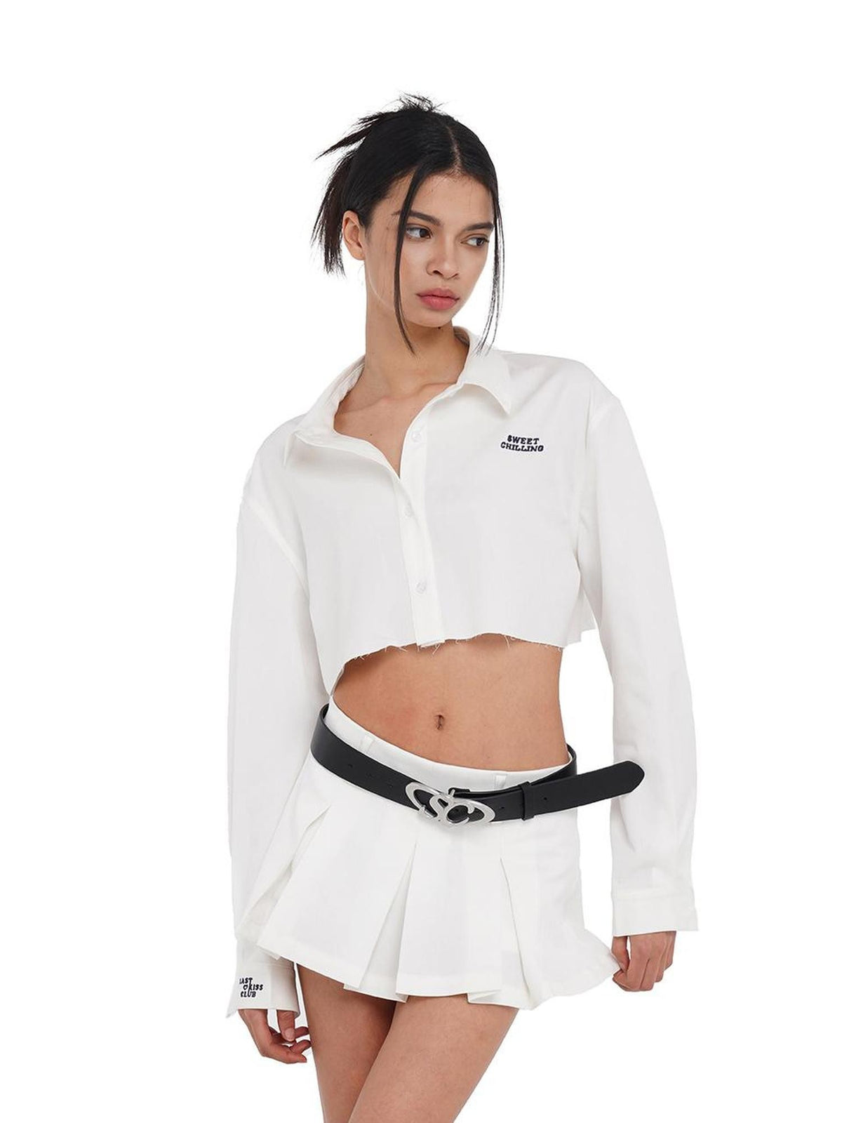 SweetChilling Raw Hem Cropped Shirt Wide Pleated Skirt Women&