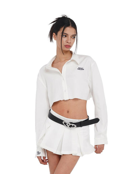 SweetChilling Raw Hem Cropped Shirt Wide Pleated Skirt Women&