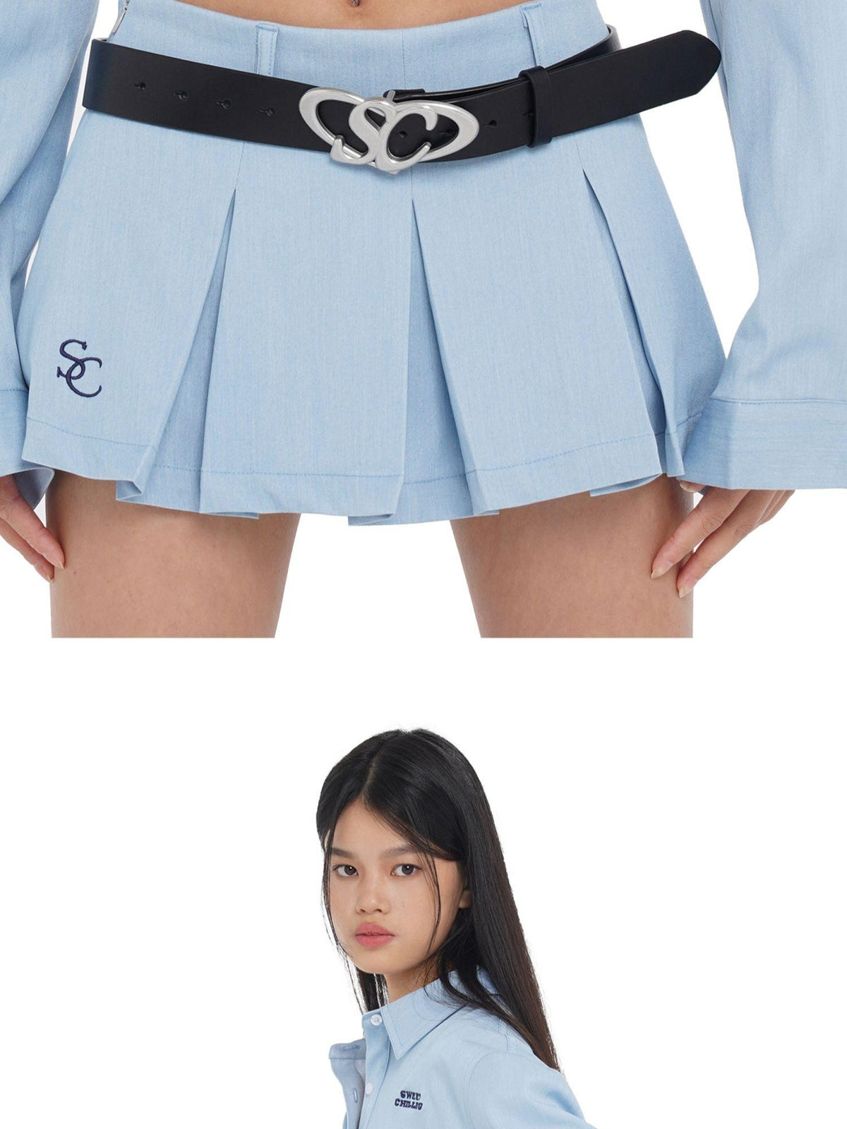 SweetChilling Raw Hem Cropped Shirt Wide Pleated Skirt Women&