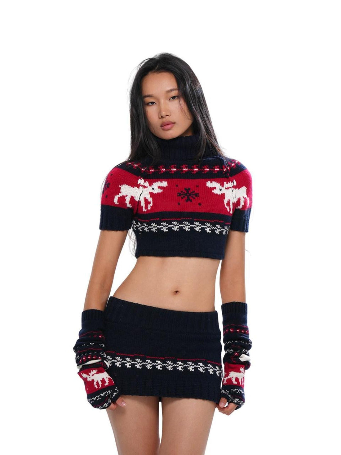 SweetChilling Reindeer High Neck Cropped Short Sleeve Women&