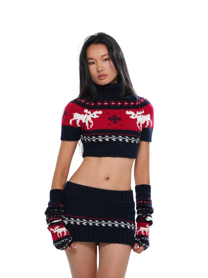 SweetChilling Reindeer High Neck Cropped Short Sleeve Women&