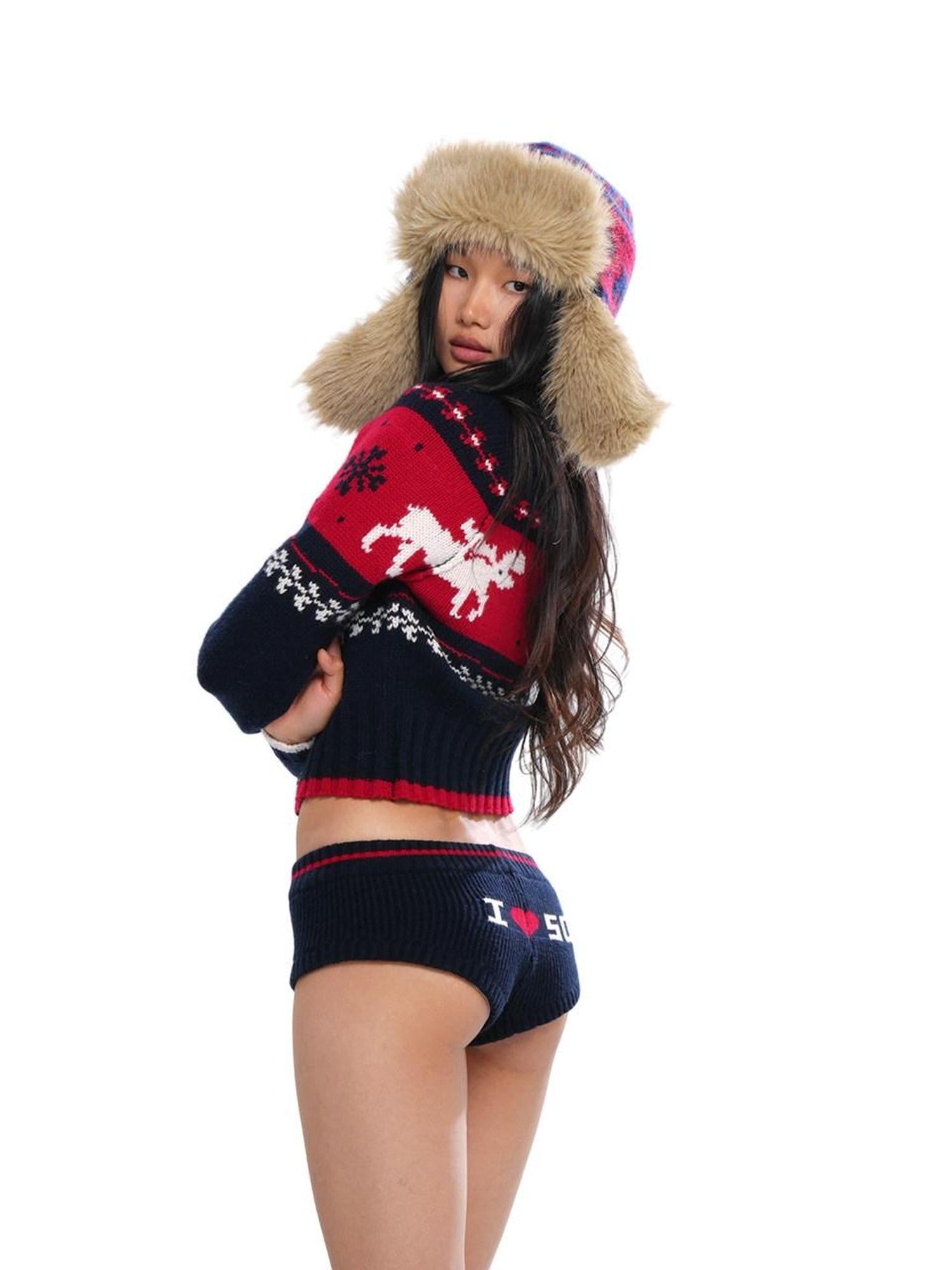 SweetChilling Reindeer Jacquard Contrast Cropped Women&