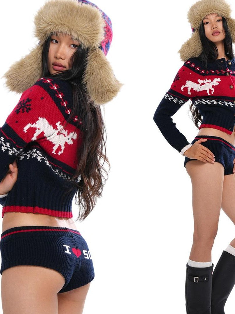 SweetChilling Reindeer Jacquard Contrast Cropped Women&