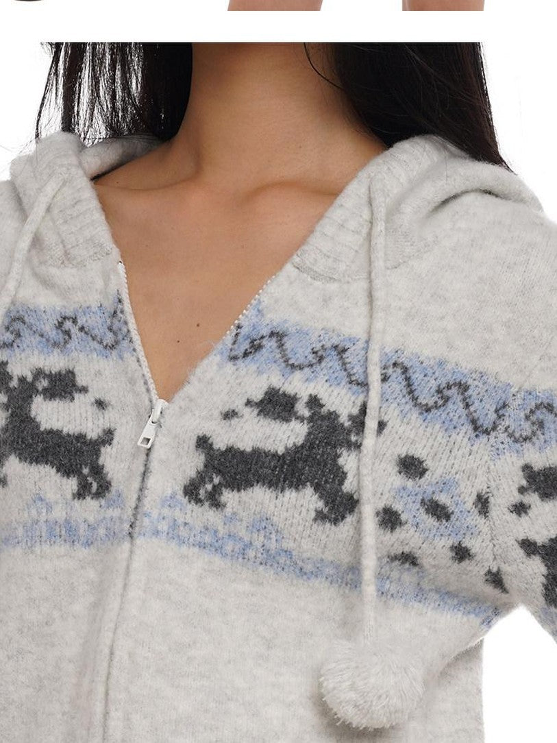 SweetChilling Reindeer Jacquard Hooded Knit Women&