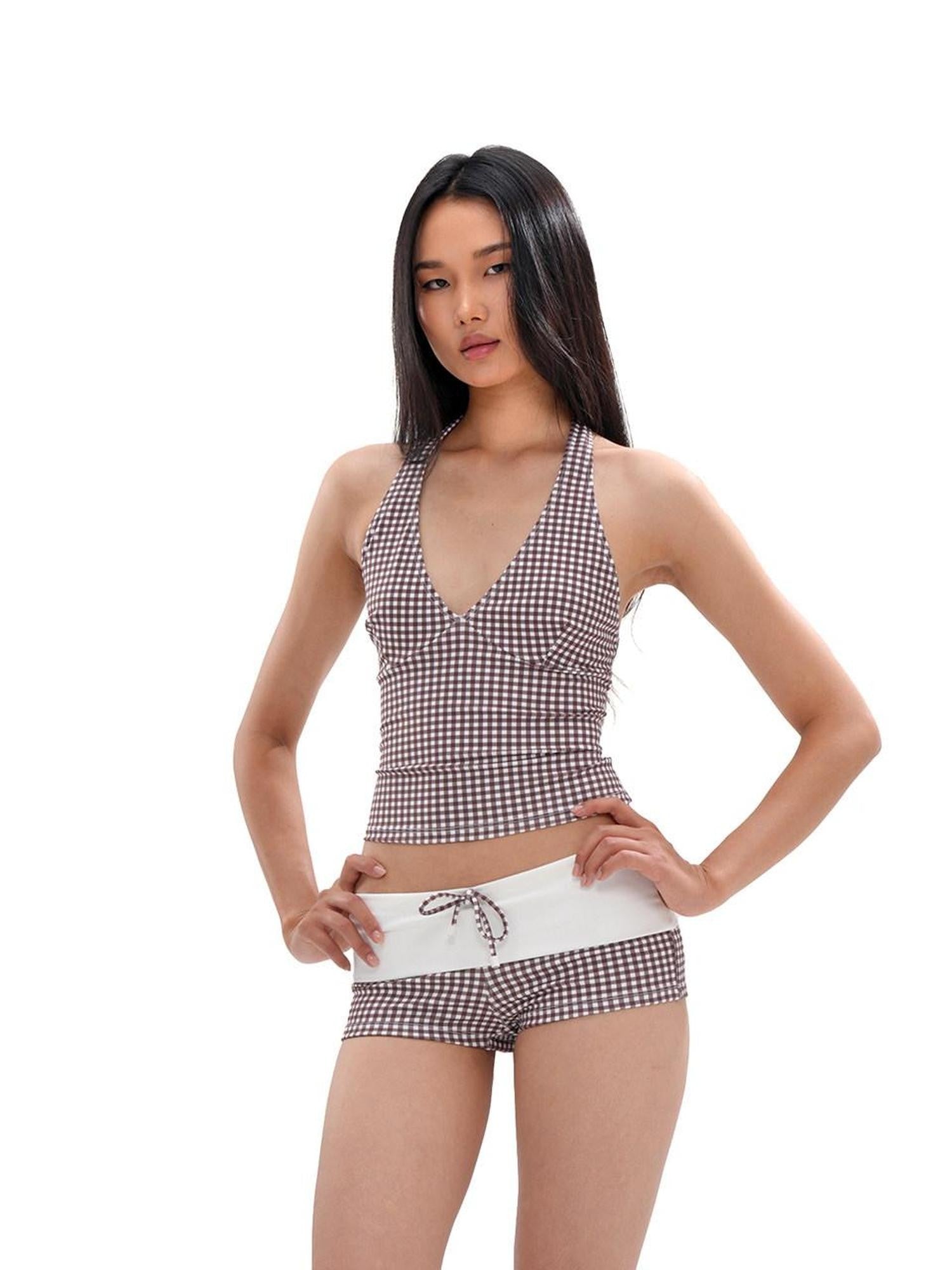 SweetChilling Resort Gingham Print V-neck Shorts Women&