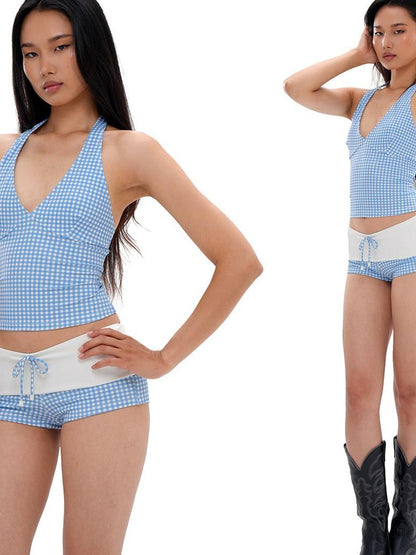 SweetChilling Resort Gingham Print V-neck Shorts Women&