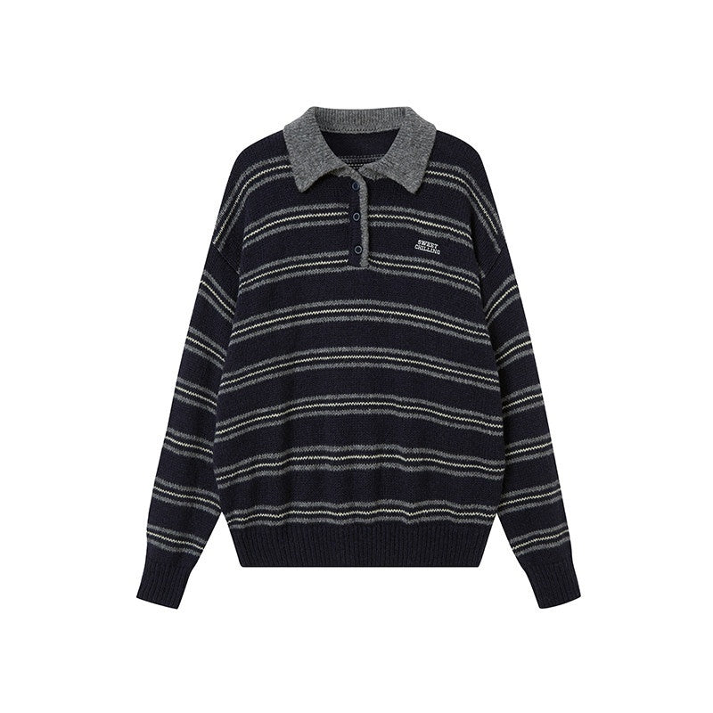 SweetChilling_Retro_Striped_Polo_Collar_Loose_Fit_Women&