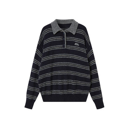 SweetChilling_Retro_Striped_Polo_Collar_Loose_Fit_Women&