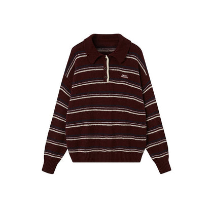 SweetChilling_Retro_Striped_Polo_Collar_Loose_Fit_Women&