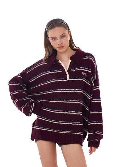 SweetChilling Retro Striped Polo Collar Loose Fit Women&