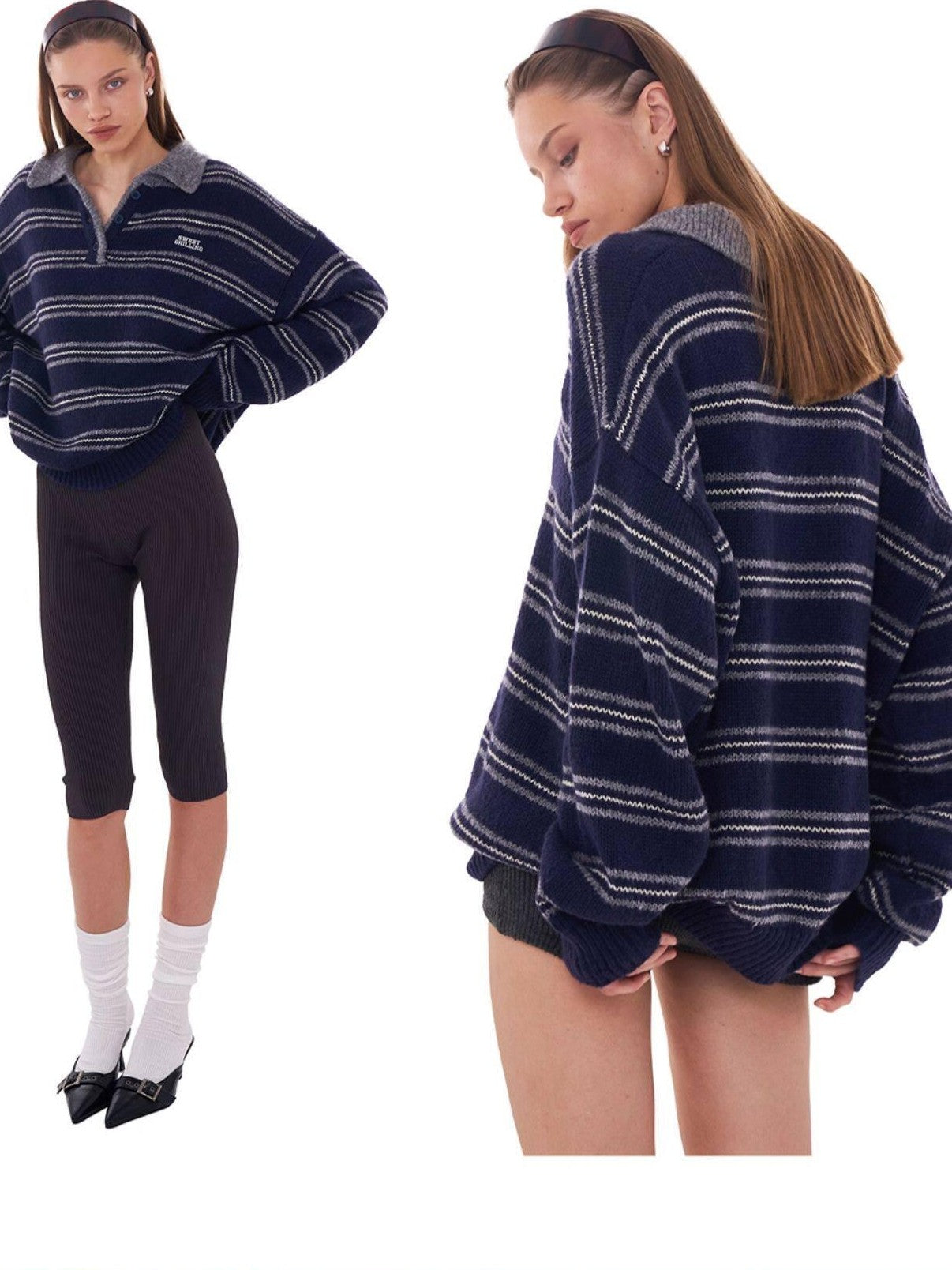 SweetChilling Retro Striped Polo Collar Loose Fit Women&
