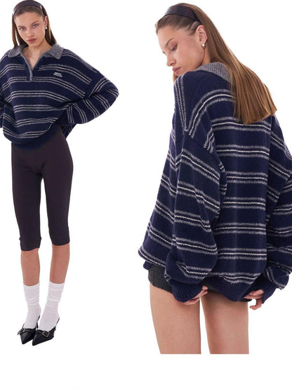 SweetChilling Retro Striped Polo Collar Loose Fit Women&