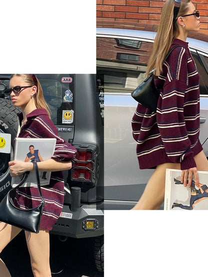 SweetChilling Retro Striped Polo Collar Loose Fit Women&