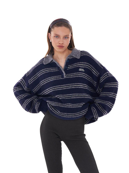 SweetChilling Retro Striped Polo Collar Loose Fit Women&
