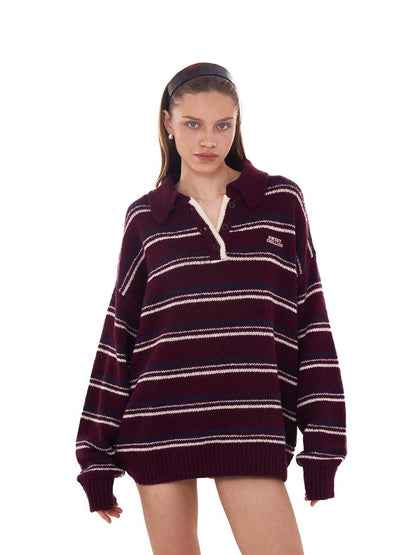 SweetChilling Retro Striped Polo Collar Loose Fit Women&