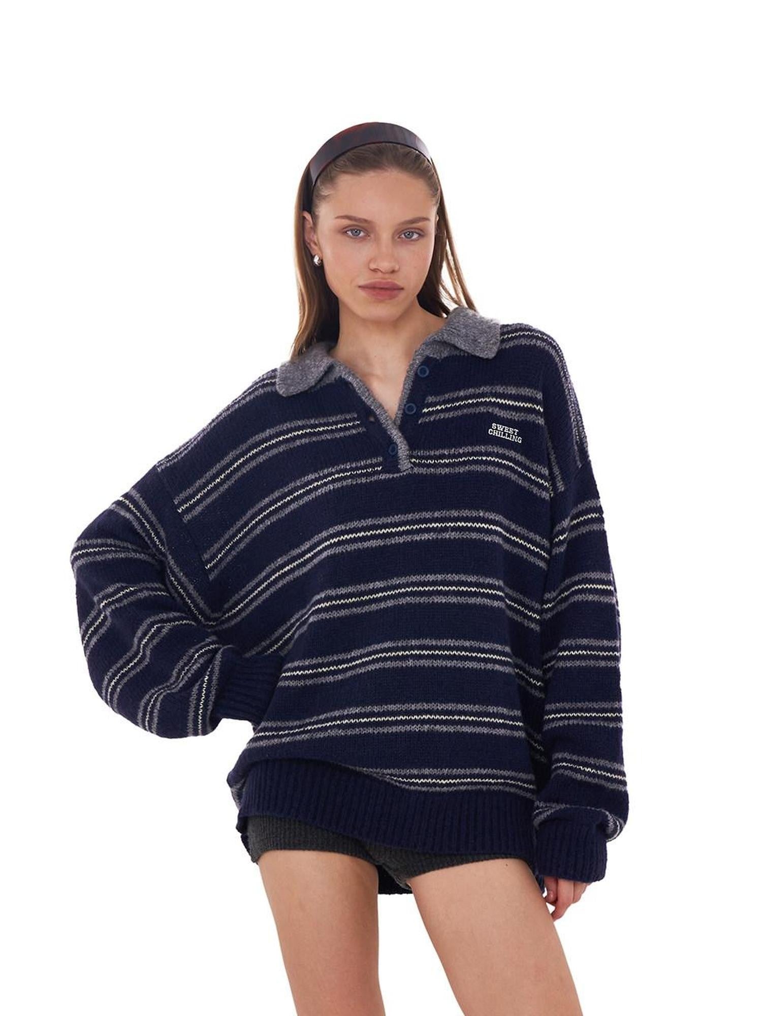 SweetChilling Retro Striped Polo Collar Loose Fit Women&
