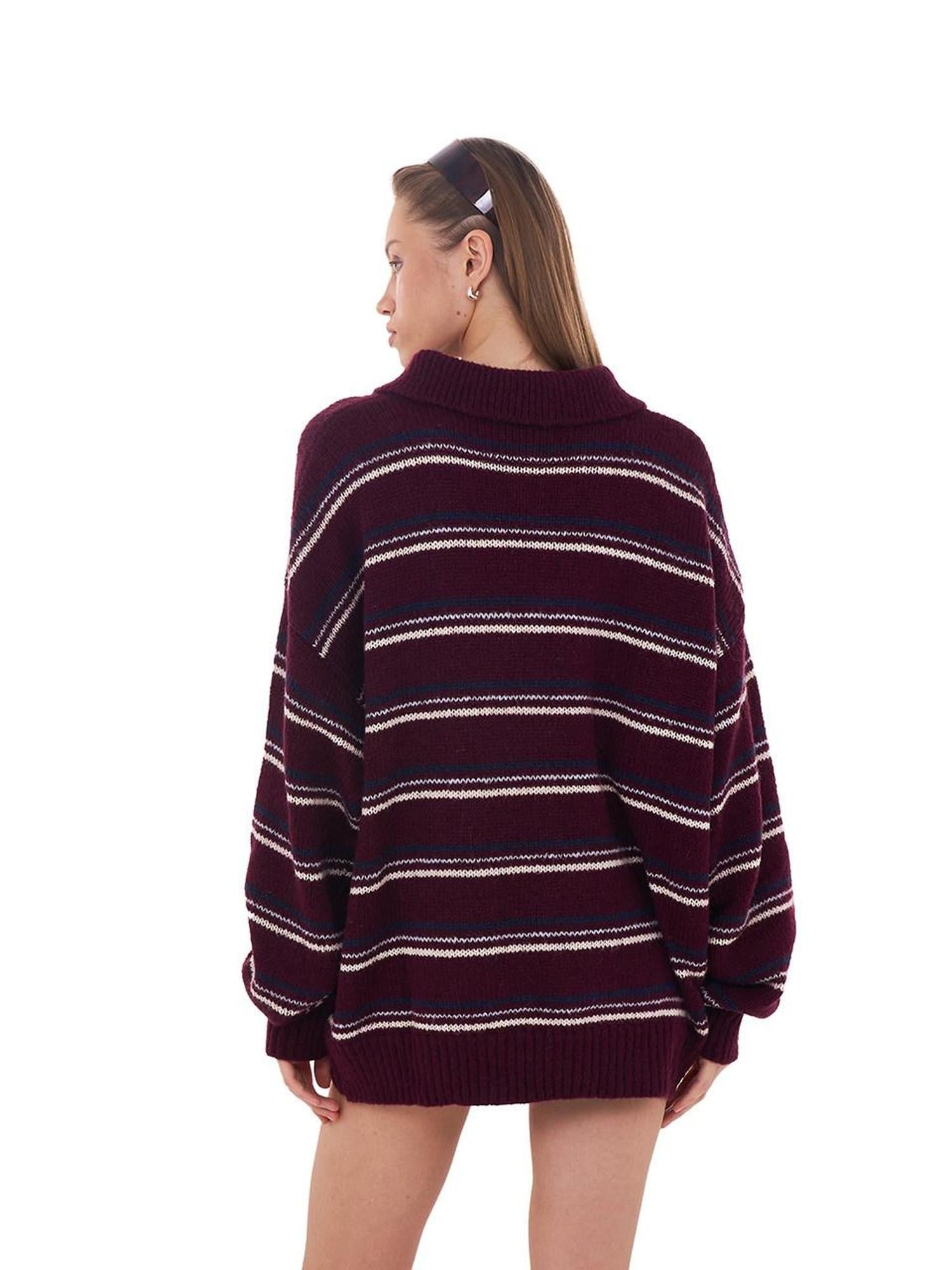 SweetChilling Retro Striped Polo Collar Loose Fit Women&