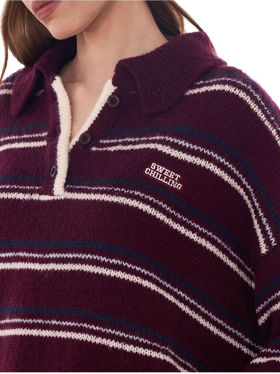 SweetChilling Retro Striped Polo Collar Loose Fit Women&