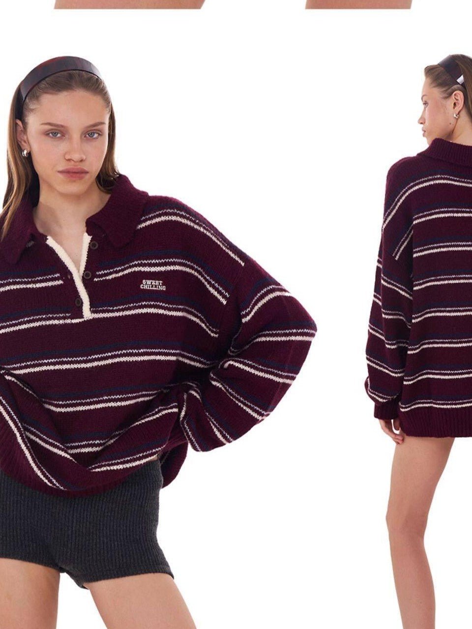 SweetChilling Retro Striped Polo Collar Loose Fit Women&