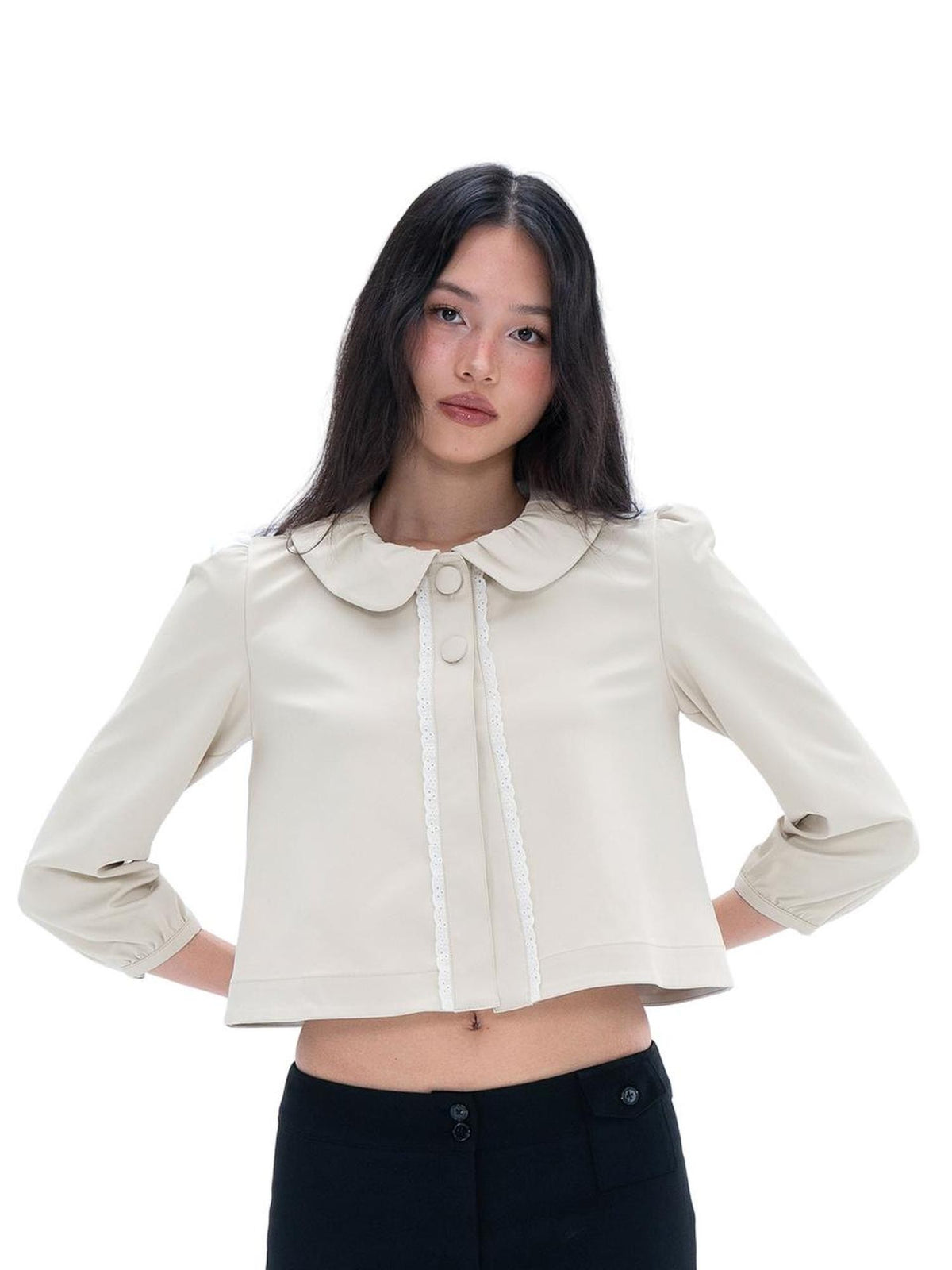 SweetChilling Round Neck Doll Collar Cropped Cardigan Women&