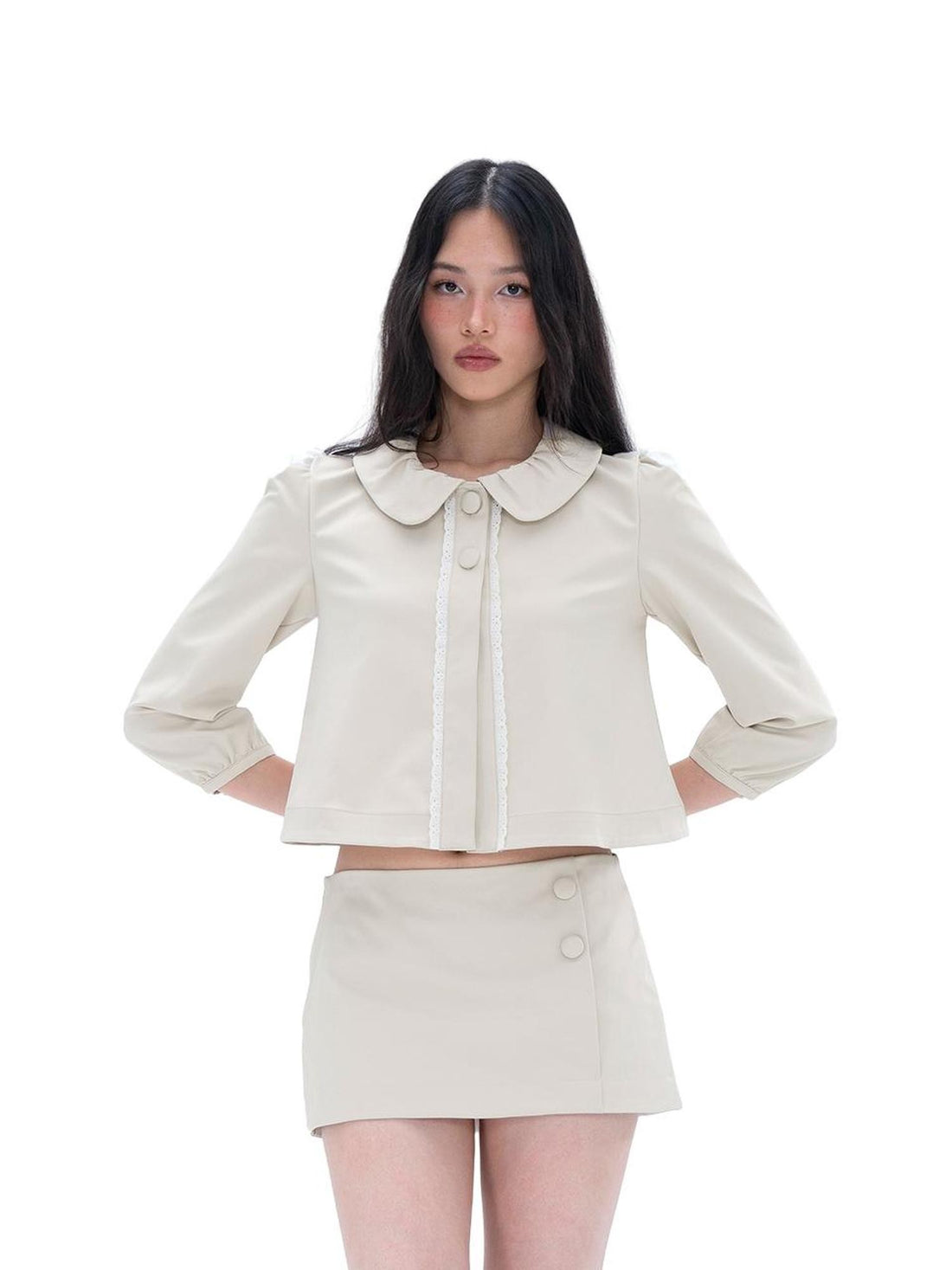 SweetChilling Round Neck Doll Collar Cropped Cardigan Women&