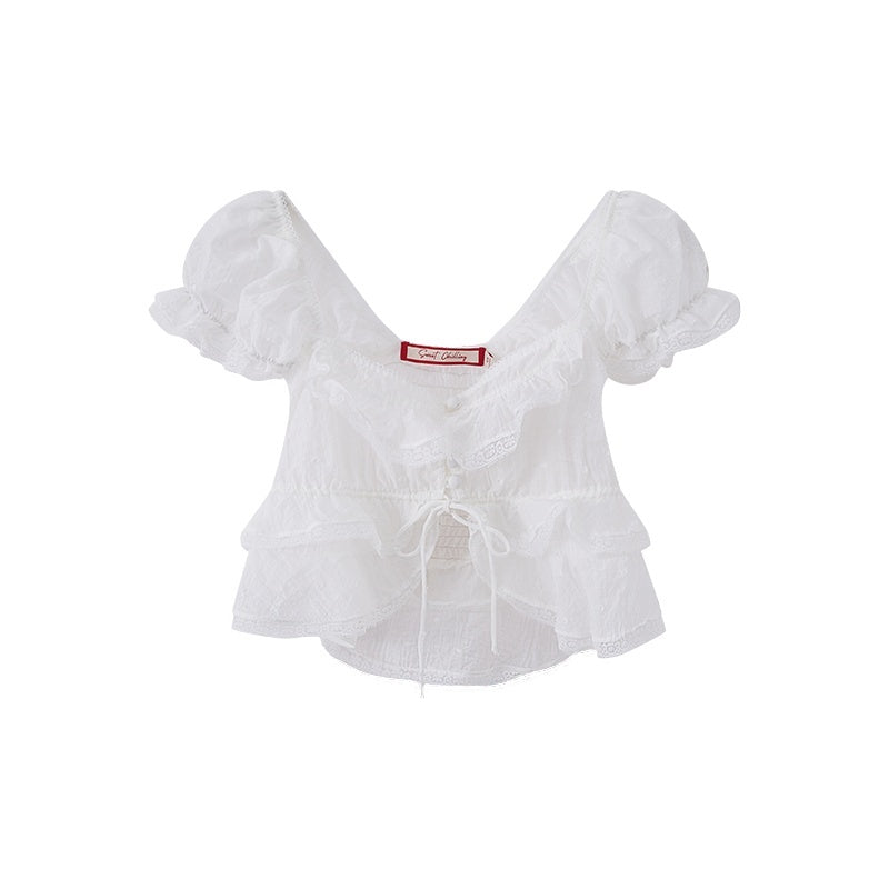 SweetChilling Ruffle Collar Spliced Lace Buttoned Sleeveless Fitted Women&