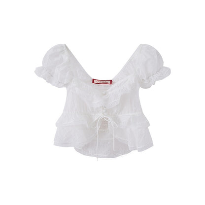 SweetChilling Ruffle Collar Spliced Lace Buttoned Sleeveless Fitted Women&