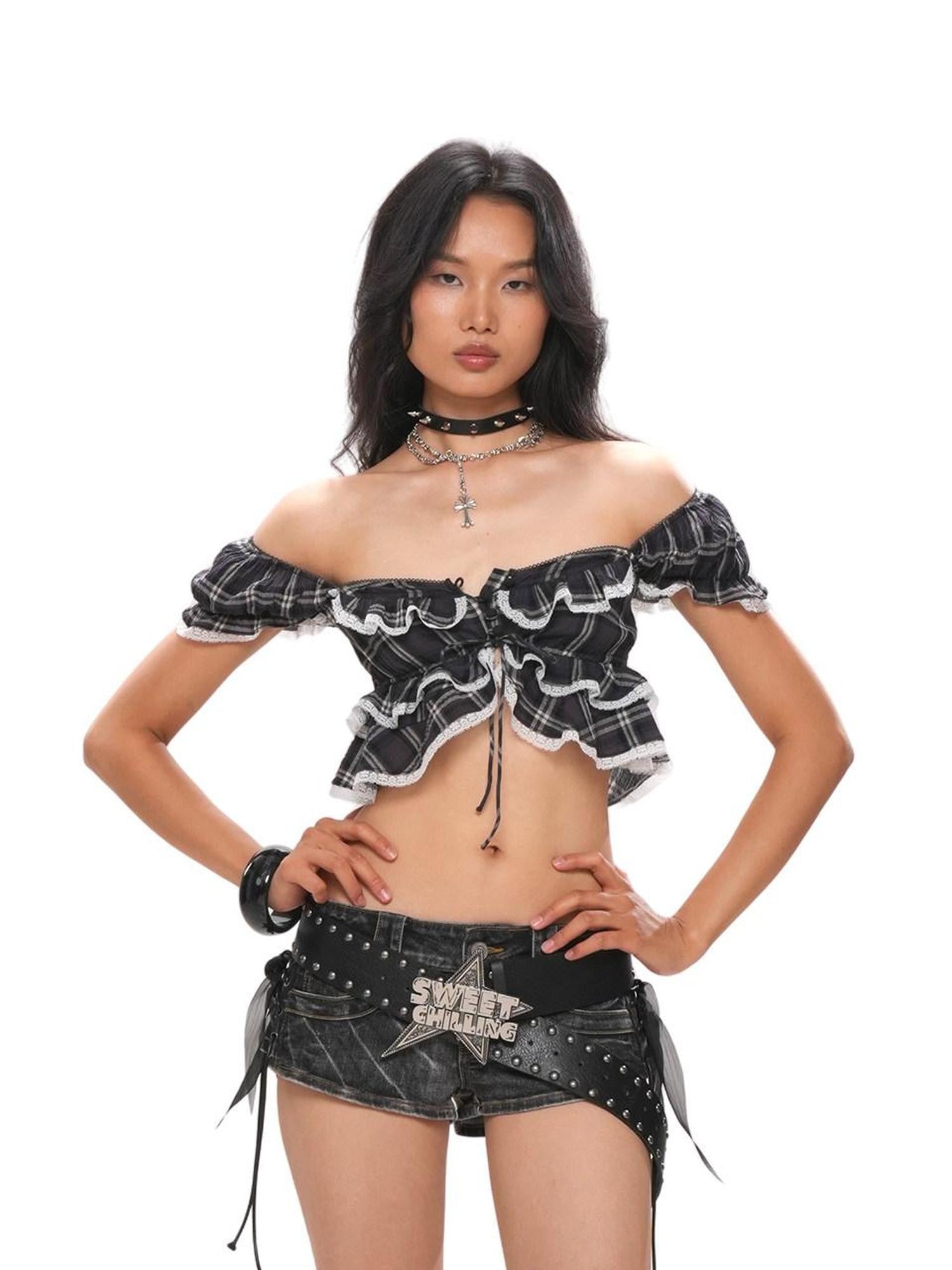 SweetChilling Ruffle Collar Spliced Lace Buttoned Sleeveless Fitted Women&