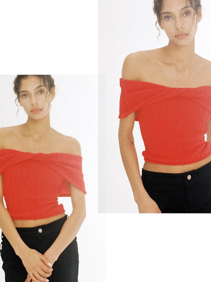 SweetChilling Solid Cropped One Shoulder Bow Knit Women&