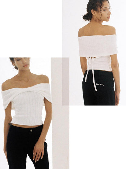 SweetChilling Solid Cropped One Shoulder Bow Knit Women&