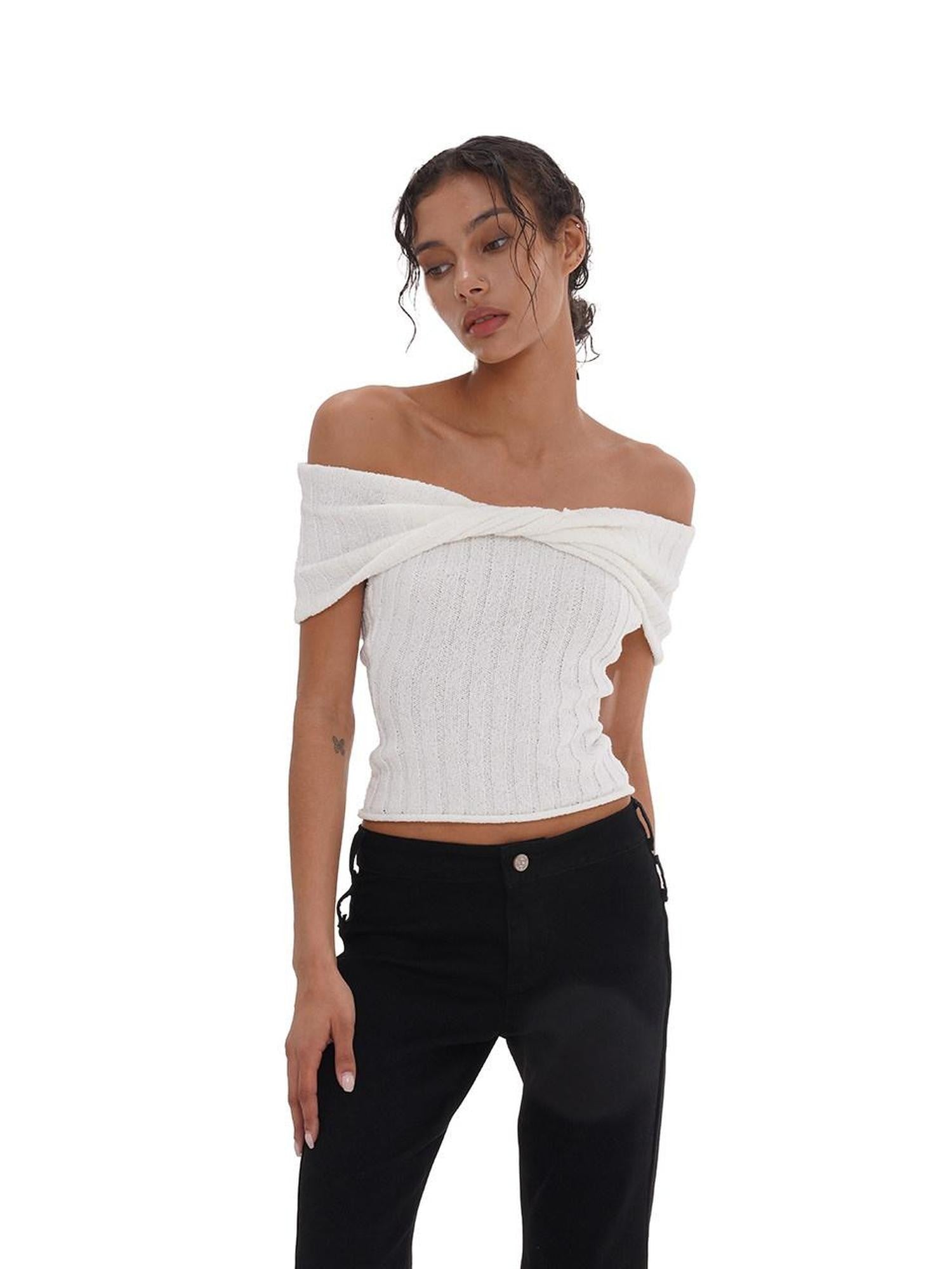 SweetChilling Solid Cropped One Shoulder Bow Knit Women&