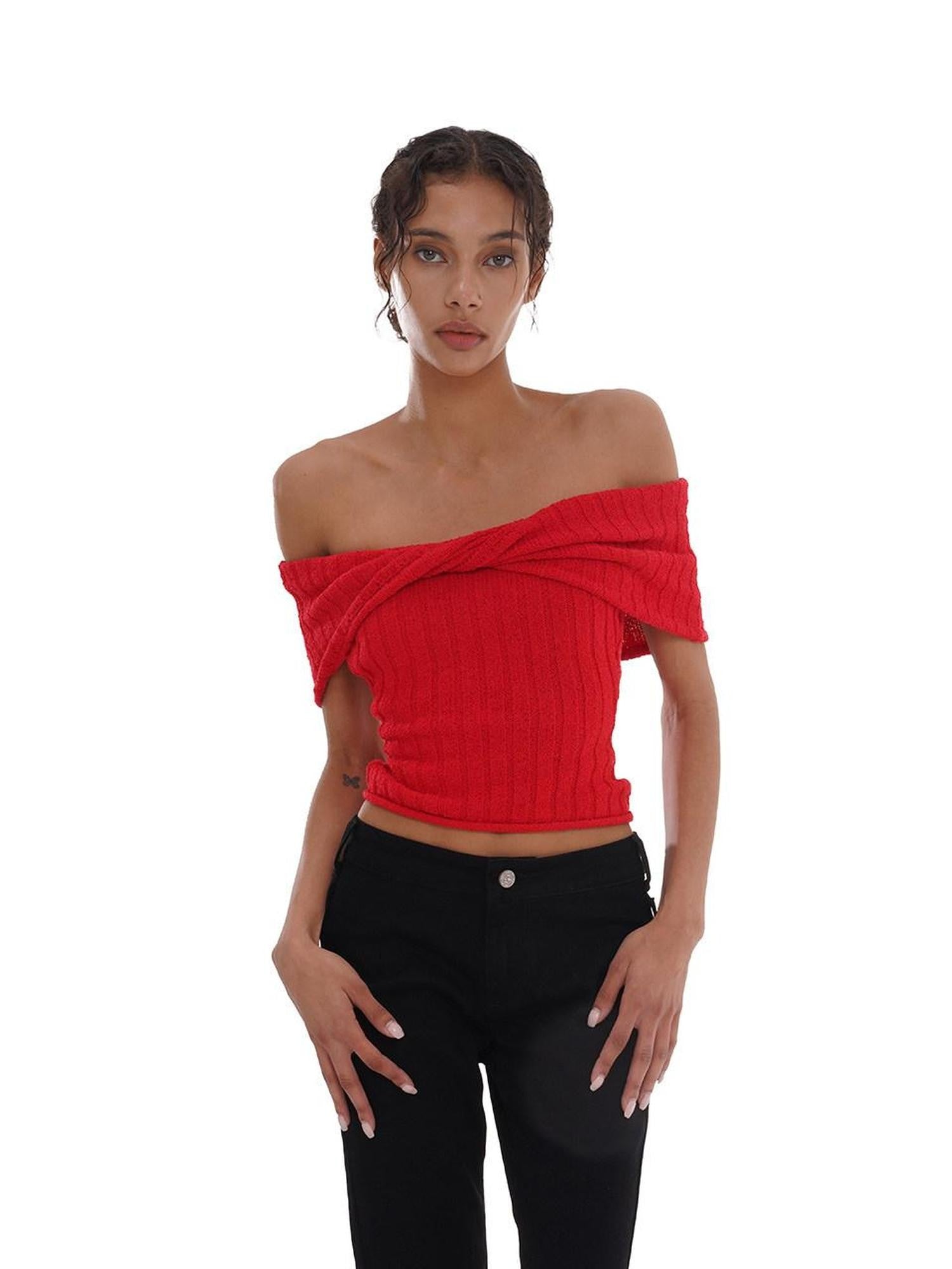 SweetChilling Solid Cropped One Shoulder Bow Knit Women&